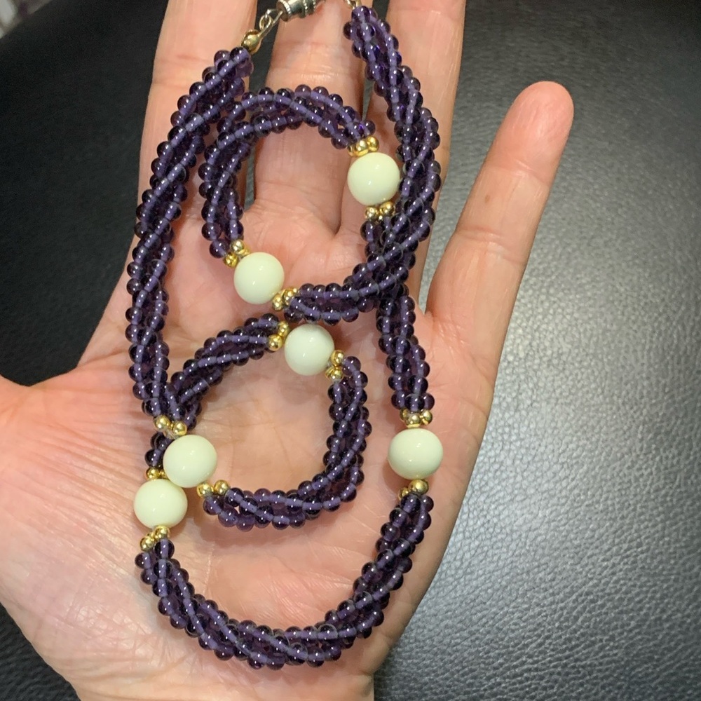 Vintage 1970’s Purple Twisted Rope Bead Necklace with Cream Accent Beads #316